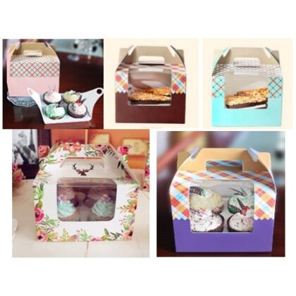 กล่องคัพเค้กกระดาษหูหิ้วใส่ได้ 4 ชิ้น cupcake 4ช่อง พร้อมฐานรอง ขนาด 16x16x9 ซม. รหัส CC19 | BoxDee