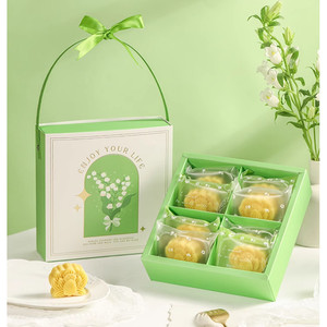 กล่อง ขนมคุกกี้ ขนมไหว้พระจันทร์ 4ช่อง 6 ช่อง กล่องเขียวอ่อนดอกไม้ ENJOY หูหิ้ว ช่องหน้าต่าง(MOON167)