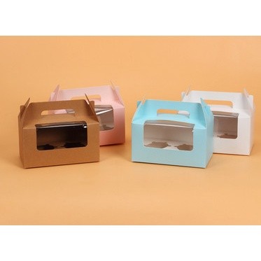 กล่องคัพเค้ก 2 ชิ้น หูหิ้วเจาะหน้าต่างพลาสติกใส พร้อมฐาน รหัส CC07 | BoxDee