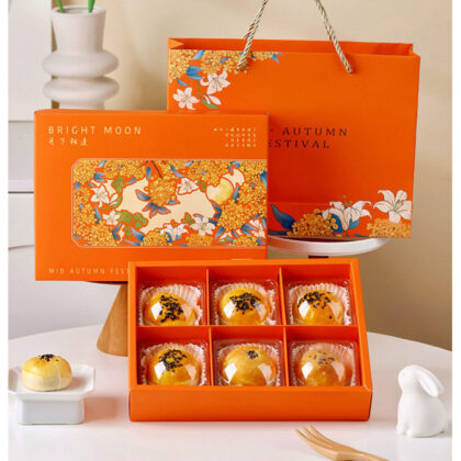กล่องเค้ก ขนมไหว้พระจันทร์ 6 ช่อง 8 ช่อง ถุงหูหิ้ว ฝาครอบ ส้มดอกลินลี่(MOON186)
