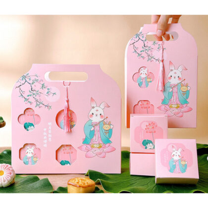 กล่องคุ๊กกี้ กล่องขนม แบ่งกล่องเล็ก 4 /6 ชิ้น หูหิ้ว ชมพูกระต่าย(MOON204)