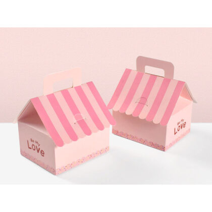 กล่องขนมกล่องของขวัญ กล่องรูปทรงบ้านสีชมพู หูหิ้ว (KK84)