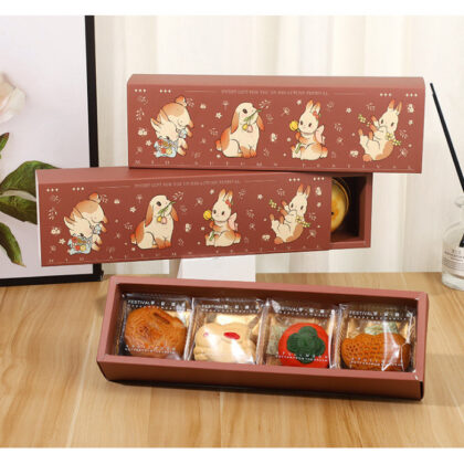 กล่องเค้ก ขนมไหว้พระจันทร์ 4 ชิ้น + ถุงหิ้ว ทรงยาวน้ำตาล (MOON255)