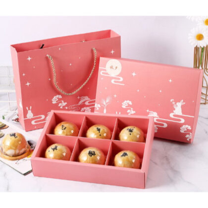 กล่องขนม 6ช่อง ฝาครอบ กล่องขนมไหว้พระจันทร์ 80กรัม กล่องคุ๊กกี้ (กล่องชมพูกระต่ายขาว)(MOON105)