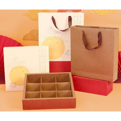 กล่องขนม 9 ช่อง กล่องคุ๊กกี้ กล่องขนมไหว้พระจันทร์ ขนมเปี๊ยะ ฝาครอบ+ถุงหิ้ว (MOON83)