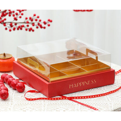 กล่องขนม 9 ช่อง คัพเค้ก กล่องเค้กฝาใส แดงทองHAPPYNESS (MOON88)