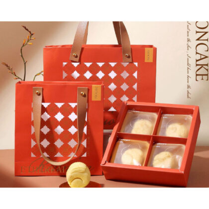 กล่องเค้ก ขนมไหว้พระจันทร์ 4 ช่อง 6 ช่อง หูหิ้ว สายหนัง ตรุษจีน รหัส CNY29 | BoxDee
