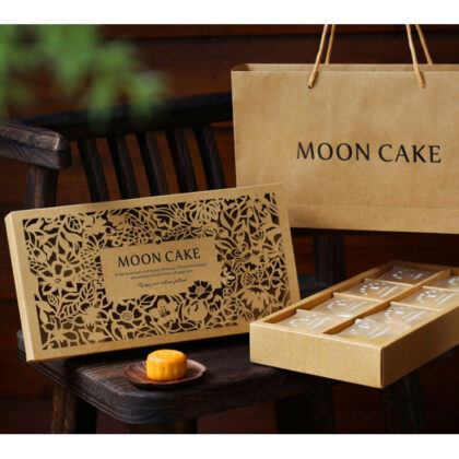 กล่องเค้ก ขนมไหว้พระจันทร์ 8 ช่อง ฝาครอบฉลุดอกไม้+ถุงหูหิ้ว รหัส MOON223 | BoxDee
