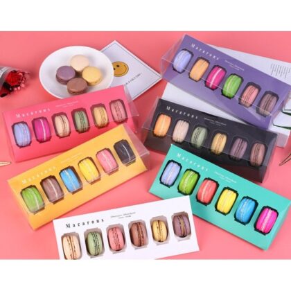 กล่องใส่มาการอง 6 ชิ้น ถาดรอง+กล่องพลาสติกPVC 3x4-23x9.8 ซม ร้านขนม MA09