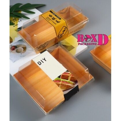 กล่องกระดาษ กล่องใส่เค้ก พร้อมฝาใส ลายไม้อินเตอร์ เคลือกันซึม (F06) 6.9x17x3.5-12.7x14x6 ซม F08