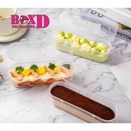 กล่องมูสเค้ก กล่องเค้ก ฝาพับในตัว ทรงยาว cake box PP （PVC29) แพค 10 ชุด