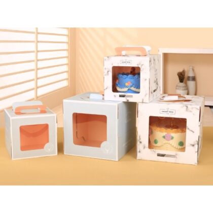 กล่องเค้กปอนด์ 1-3ปอนด์ หูหิ้ว ทรงสูง พร้อมฐานรอง 16x16x15-30x30x24 ซม ร้านเบเกอรี่ PP4