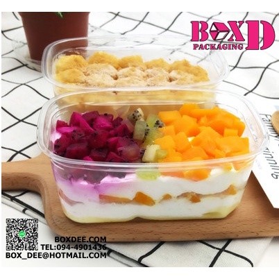 ถ้วยมูสผืนผ้า พร้อมฝา แพค 25 ใบ ใส่วุ้น ทีรามิสุ บานอฟฟี่ ร้านคาเฟ่ 280 ml 12.5x8.5x4.8 ซม U30