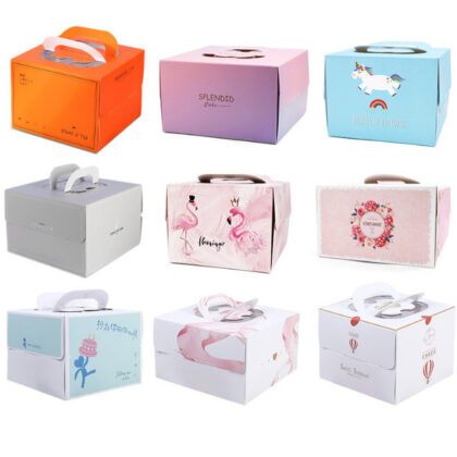 กล่องใส่เค้กหูหิ้ว พร้อมฐานรองเค้ก พิมลาย 20x20x15-25x25x15 ซม ร้านเบเกอรี่ PP21