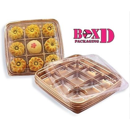 ZZ065 กล่องใส่ขนม ฐานทอง 9 หลุม + ฝาPET  แพค10ชุด