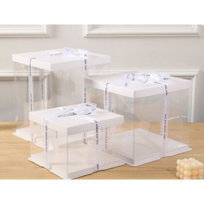 กล่องเค้ก PVC ใส ฝา+ฐานกระดาษสีขาว กล่องเค้กใสทรงสูง 16x16x28-34x34x18 ซม ร้านเบเกอรี่ PP18