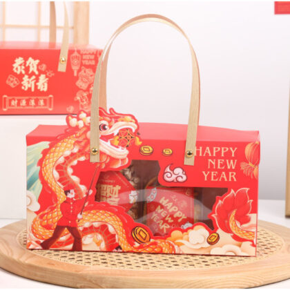 กล่องคุกกี้ กล่องกระดาษทรงยาว หูหิ้ว กล่องตรุษจีน มังกรช่องหน้าต่าง (CNY67)