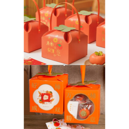 กล่องขนม ทรงลูกพลับ หูหิ้ว (CNY33/ 14x14x15 ซม ของฝาก CNY33
