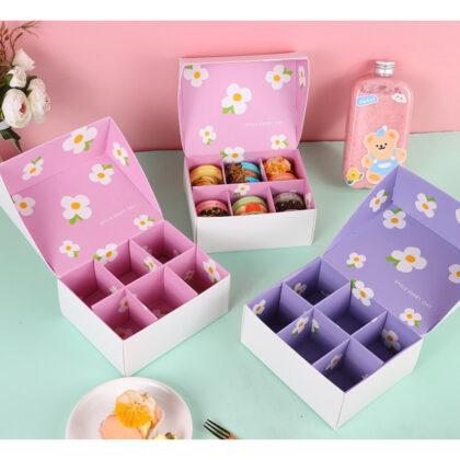 กล่องใส่มาการอง 6 ช่อง และ 8 ช่อง #กล่องข้างในลายดอกไม้ 11x14x6-11x19x6 ซม ร้านขนม MA17